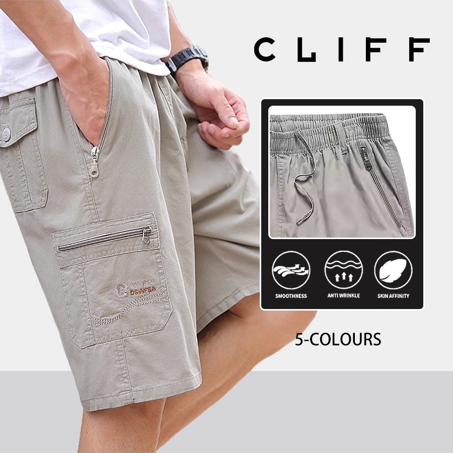 CLIFFกางเกงขาสั้นผ้าลำลองสำหรับฤดูร้อน ผ้าสแปนเดกซ์ การออกแบบหลายกระเป๋า ไซส์ใหญ่ หลายสไตล์ M-5XL