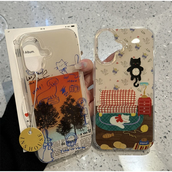 เคสคิตตี้ ขายร้อน Niche ภาพประกอบแมวดอกไม้เหมาะสําหรับ ihone16promax Apple 15pro เคสโทรศัพท์ 14 สไตล