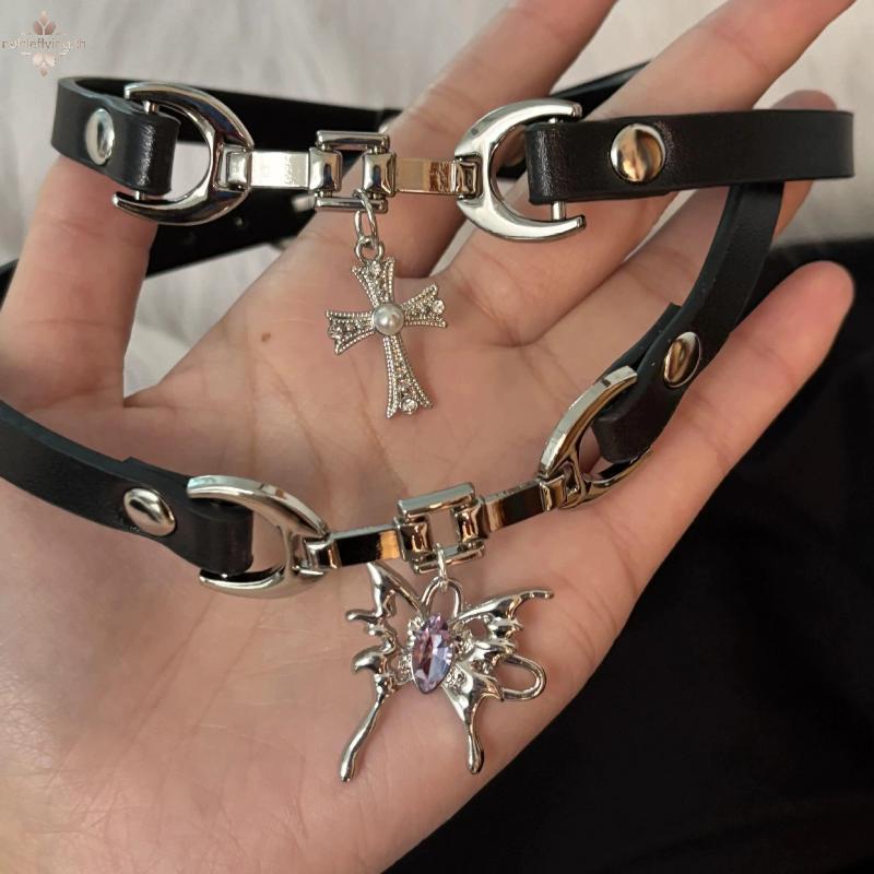 Nf Y2K Charm PU หนังเซ็กซี่ Choker Vintage สร้อยคอผู้หญิงเครื่องเทศสาว Goth เครื่องประดับอุปกรณ์เสริ