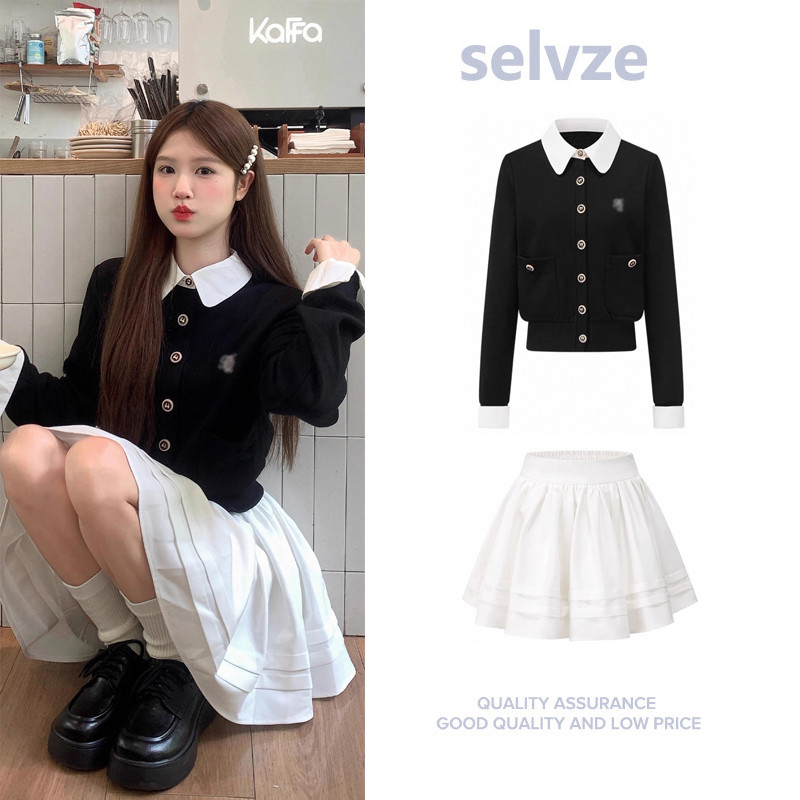 Selvze คาร์ดิแกน กระโปรงขาว set 2 ชิ้น เสื้อเชิ้ตแขนยาว+กระโปรงสั้น ชุดเจ้าหญิง ดีไซน์เซ็กซี่ สไตล์เกาหลี สําหรับผู้หญิง จับจีบเอว