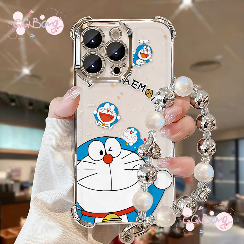 เหมาะสำหรับ IPhone 17 14 16 13 15 12 11 Pro Max XS XR X Max 7 16 Plus เคสโทรศัพท์กันกระแทกชุบไฟฟ้าสี่มุมโดราเอมอนน่ารัก
