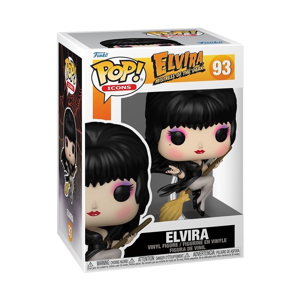 Elvira พร้อมฟิกเกอร์ไวนิล POP ไม้กวาด #93 Funko Horror ใหม่