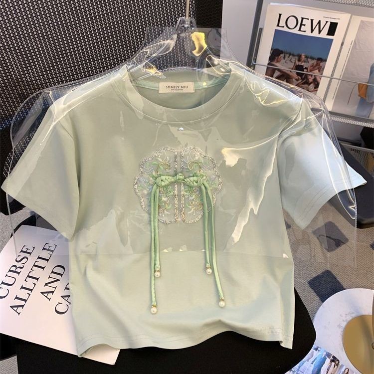 สไตล์ใหม่สไตล์สไตล์สไตล์พู่ปุ่ม shor ใหม่สไตล์จีน Flow Disc ปุ่มแขนสั้นผู้หญิง Retro ปักรอบคอของแท้ไ