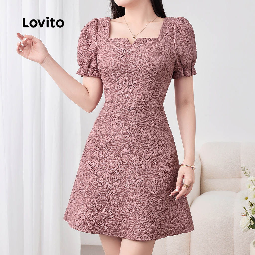 Lovito สง่างาม ชุดเดรสเลดี้จาคการ์ดแนวรันฟลอรัล สีเทาอ่อนและสีชมพู สำหรับผู้หญิง L158ED1245