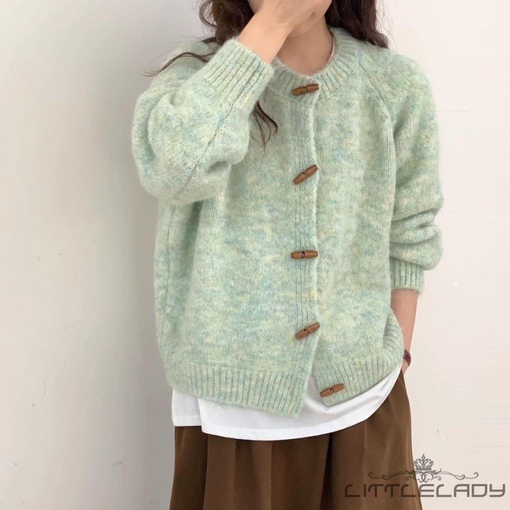 LTL-แตรคอแขนยาวสำหรับผู้หญิงฤดูใบไม้ร่วง ติดกระดุม สีทึบ