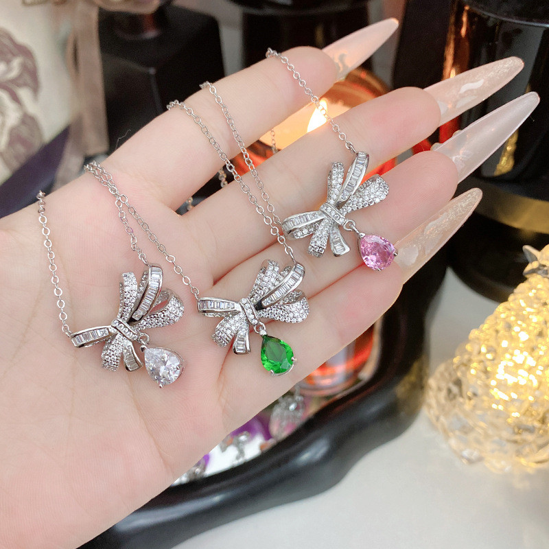 Versa Bow สร้อยคอชุดชุบ pt950 ทองคําขาวเพชรเต็มแฟชั่นหรูหราต่างหูทุกการแข่งขัน