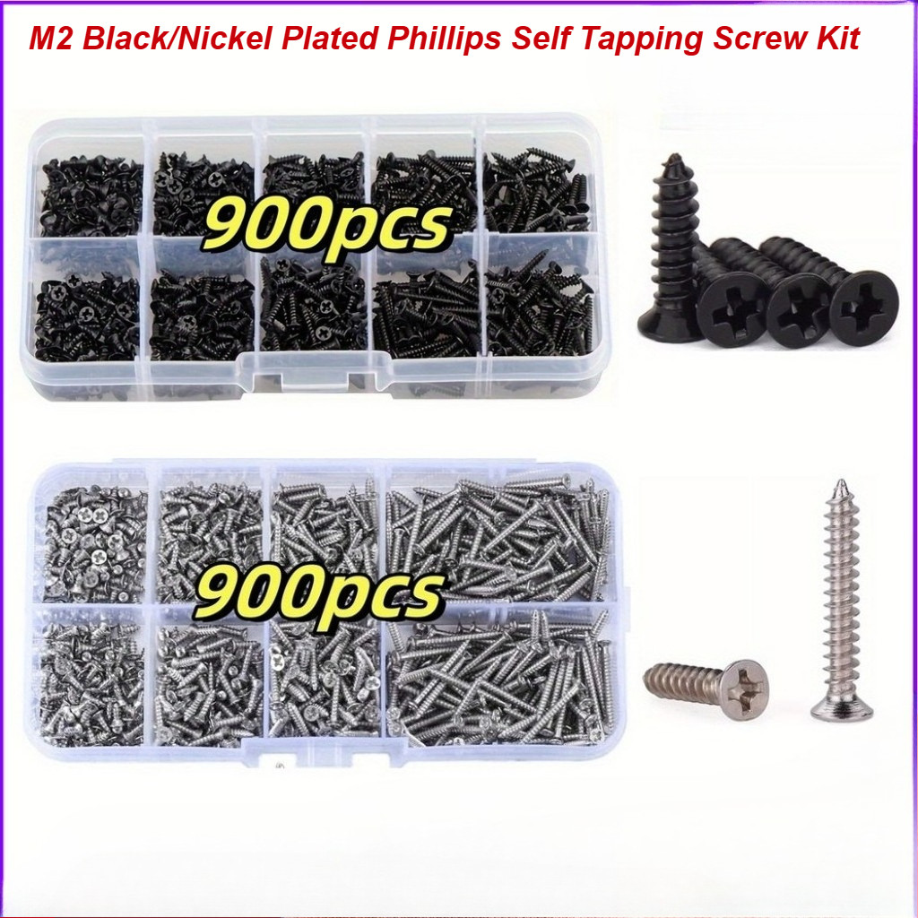 900 ชิ้น M2 สีดํา/นิกเกิลชุบ Phillips Self Tapping สกรูชุด, ชุดล็อคและสกรูไม้ครบชุด, คุณภาพสูง, ป้องกันการคลาย, ทนทาน, อเนกประสงค์ [MX-MB]