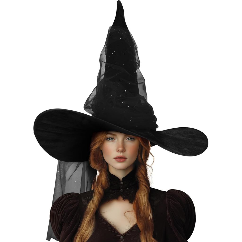 VZQI Witch Hat Halloween Witches Hat Black Witch Hats for Women Adult Wizard 24-inch Large Mesh Hat