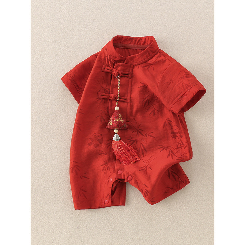 ปีใหม่ทารกแรกเกิด กี่เพ้า เด็กแขนสั้นผ้าฝ้ายไม้ไผ่พิมพ์ ชุดจั๊มสูท ส่งถุงไม้ไผ่สีแดง - รูปที่ 3