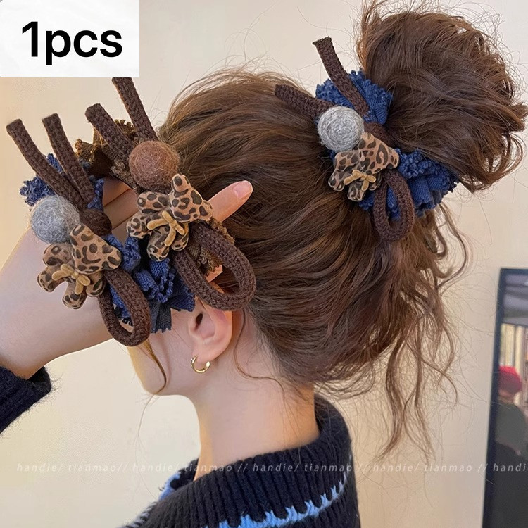 เสือดาวพิมพ์หมีผมบอล Scrunchy ผม Tie ม้วนผมบอลหัวผมหางม้าต่ําหัวเชือก