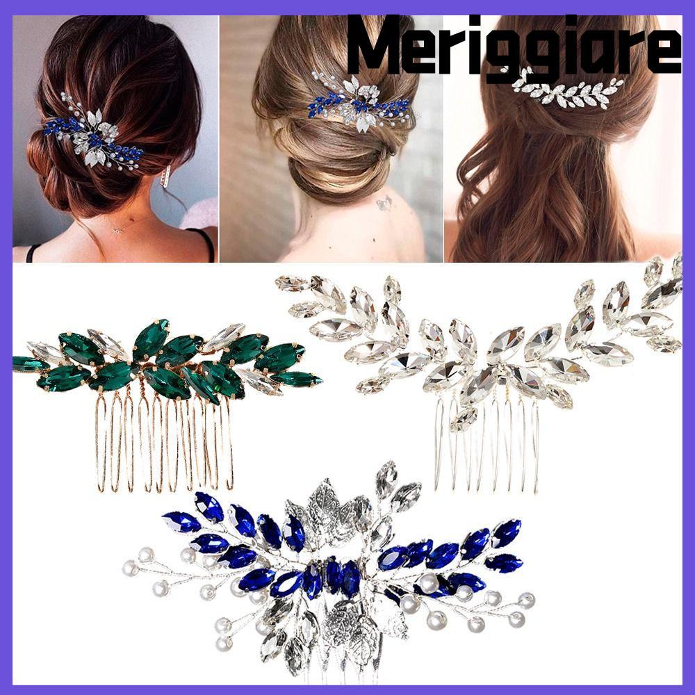 MERIGGIARE ดอกไม้ Leaf Headbands งานแต่งงานคริสตัล Tiara เครื่องประดับผมเจ้าสาวคลิป