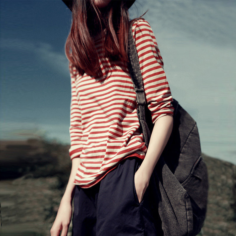 ฝรั่งเศส sezane mara ครึ่งแขนลายเสื้อยืดผู้หญิงฤดูใบไม้ผลิ Casual All-Match Contrast สีรอบคอแขนสั้น 