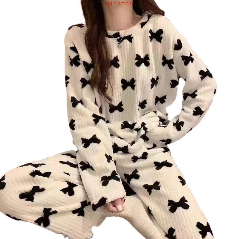 สินค้าใหม่ชุดกางเกงวอร์มผ้าสักหลาดสำหรับผู้หญิงชุดใส่ในบ้านหนาพิเศษผ้าคอรัลฟลีซอบอุ่นหลวมสบายๆไซส์ให