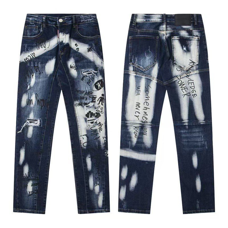 DSQUARED2 Patchwork Embroidery Retro Slim Fit Skinny Pants Men's Long Pants Distressed Patch Jeans M
