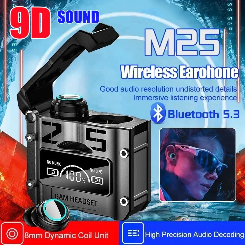 TWS M25 หูฟังไร้สายไฮไฟบลูทูธ 5.3, 30H Playback LED Power Display, Deep Bass Crystal Clear Call, การ