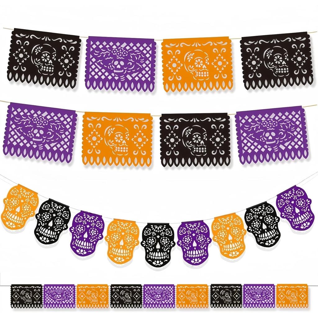 YVAINE 2 Pack Plastic Papel Picado Day of The Dead Sugar Skull Bunting Banner Altar Decoration- 18 p