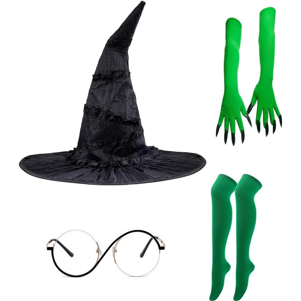 4 Pcs Green Witch Costume Gloves Accessories,Green witch Stockings，Wicked Hat,Witch Costume Glasses,
