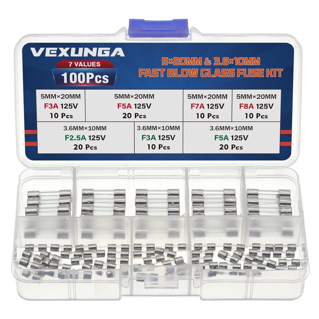7 Values 100 Pcs Christmas Light Fuses Kit 3A 5A 7A 8A 125V 5x20mm Max Fuse 2.5 3 5 Amp 125 Volt 3.6