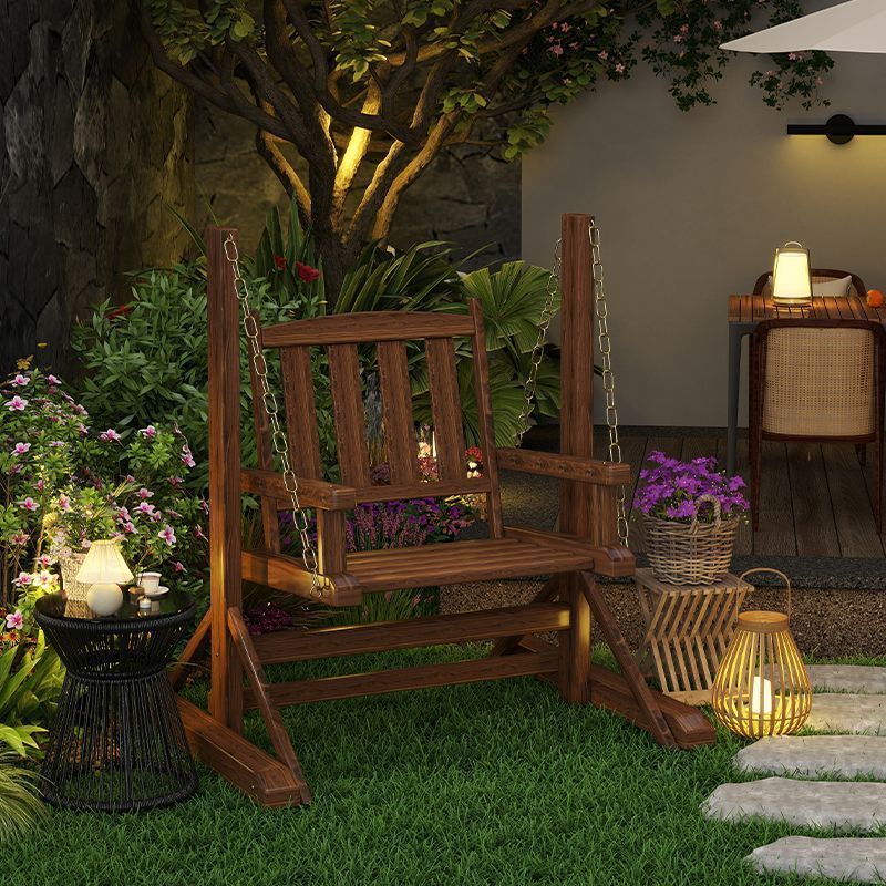 ลานกลางแจ้งสวนชิงช้าไม้เนื้อแข็งกันฝนและป้องกันการกัดกร่อนเก้าอี้แขวนไม้เก้าอี้โยกเดี่ยว