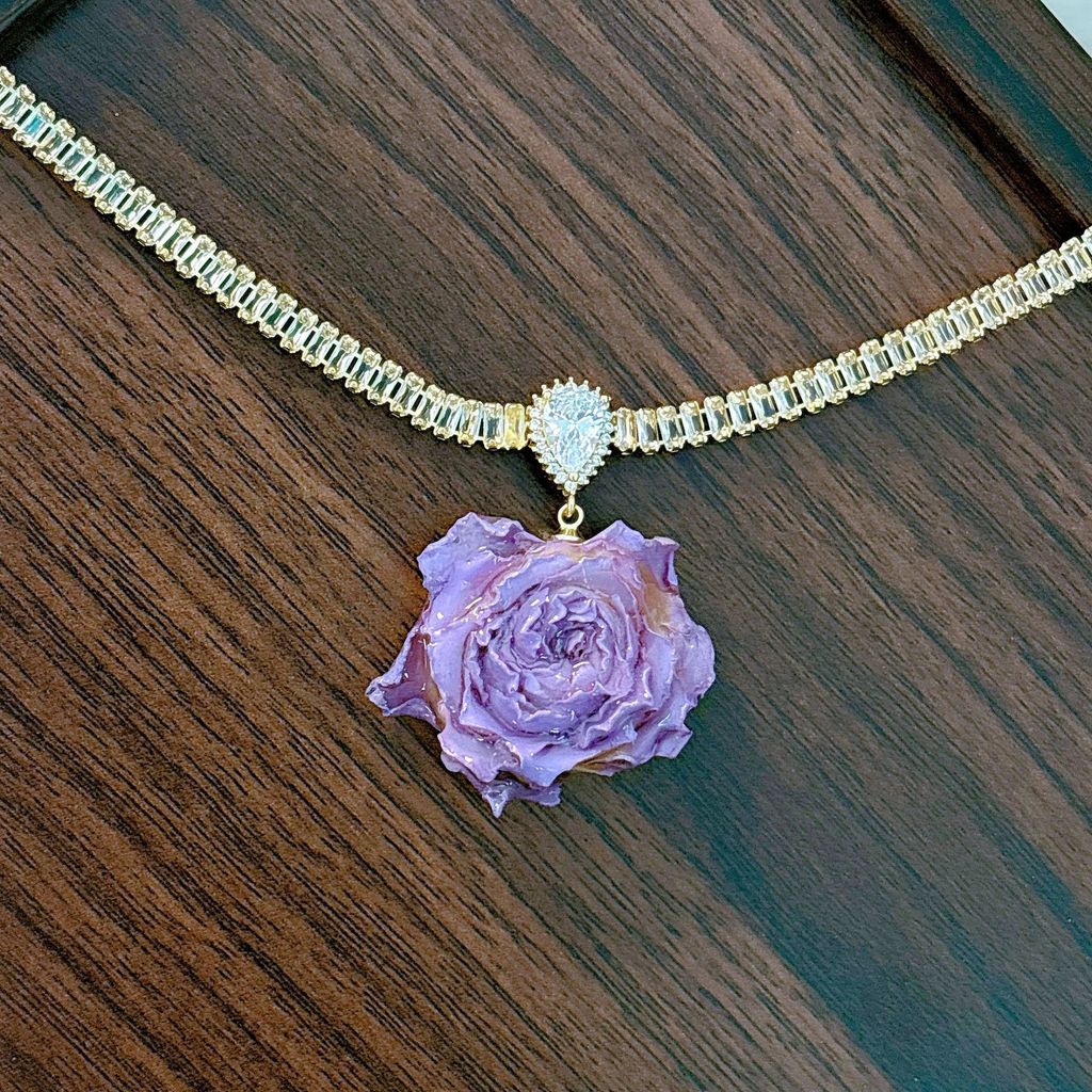 DUOYI แฟชั่นหรูหรา จี้สร้อยคอดอกไม้จริง เพทายกุหลาบ