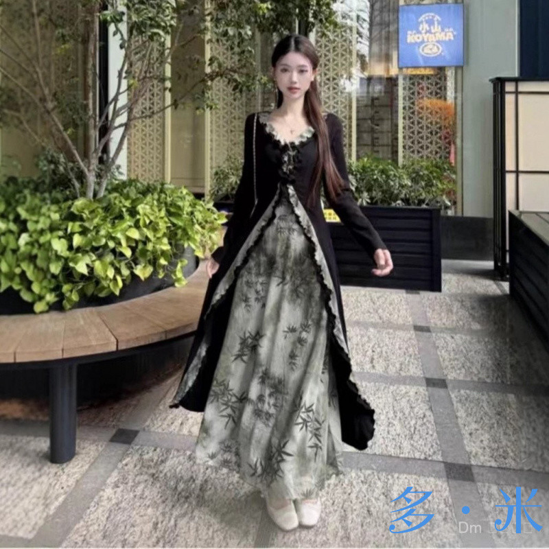 ชุดกระโปรงยาวสไตล์จีน คอวี สำหรับผู้หญิง ดีไซน์ใหม่ในต้นฤดูใบไม้ร่วง สวมใส่สบาย มีความรู้สึกเย็น
