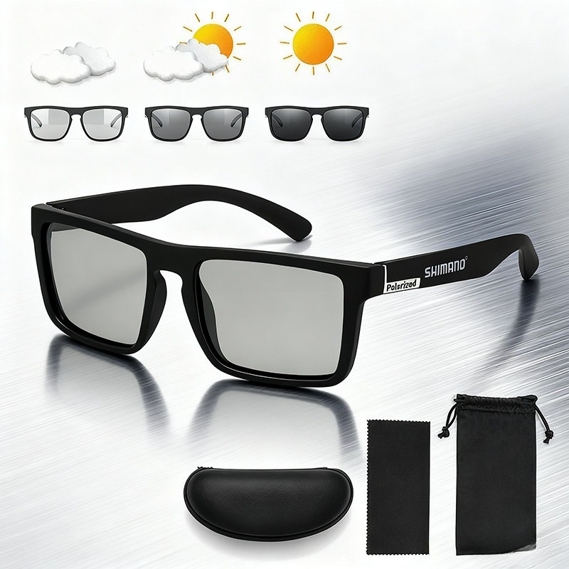 SHIMANO Photochromic แว่นตากันแดดโพลาไรซ์คลาสสิก สำหรับตกปลา ขี่จักรยานและวิ่งกลางแจ้ง UV400 มามในกล่อง