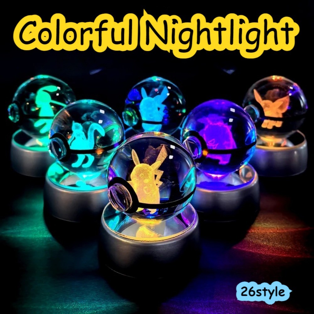 สีสัน Nightlight 5 ซม.คริสตัลบอล 3D Pikachv อะนิเมะเกม Pokeball Led Night Light ฐานเด็กของขวัญวันเกิดตกแต่งบ้านแก้ว Ball รูปของขวัญวันเกิด