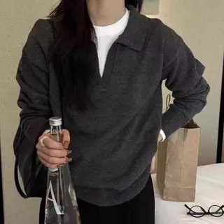 Red Berryเสื้อถักคอโปโลแขนยาวสำหรับผู้หญิง สวมใส่แบบลำลอง อเนกประสงค์ และมีสไตล์88046