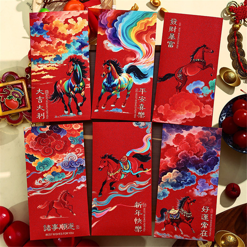 ซองใส่เงินปีใหม่ 6 ชิ้น คละแบบ ลายม้าแดง ซองใส่เงินแบบหนาดั้งเดิม TH - รูปที่ 5