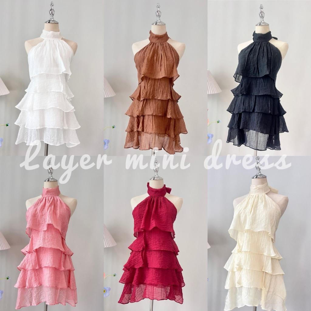D078 -เดรสขนมชั้นผูกคอโบว์ ชุดเดรสน่ารัก เดรสสั้น