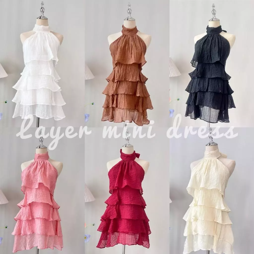 D078 -เดรสขนมชั้นผูกคอโบว์ ชุดเดรสน่ารัก เดรสสั้น