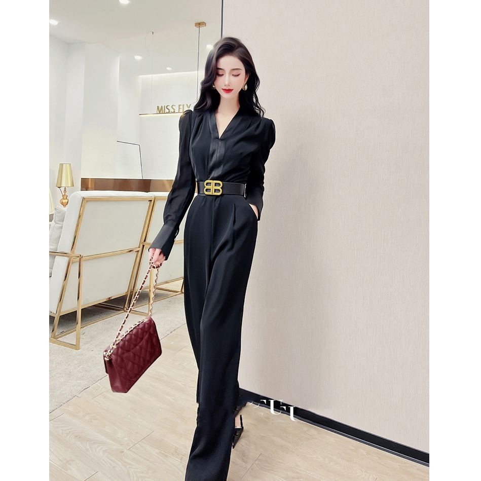 Imoveชุดจั๊มสูทเอวสูงคอวีสีดําสําหรับผู้หญิงสไตล์เกาหลี