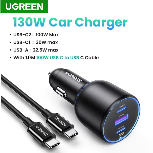UGREEN Car Charger 130W PD Quick Charger พร้อมสาย PD สําหรับ Samsung Galaxy Type C ที่ชาร์จโทรศัพท์