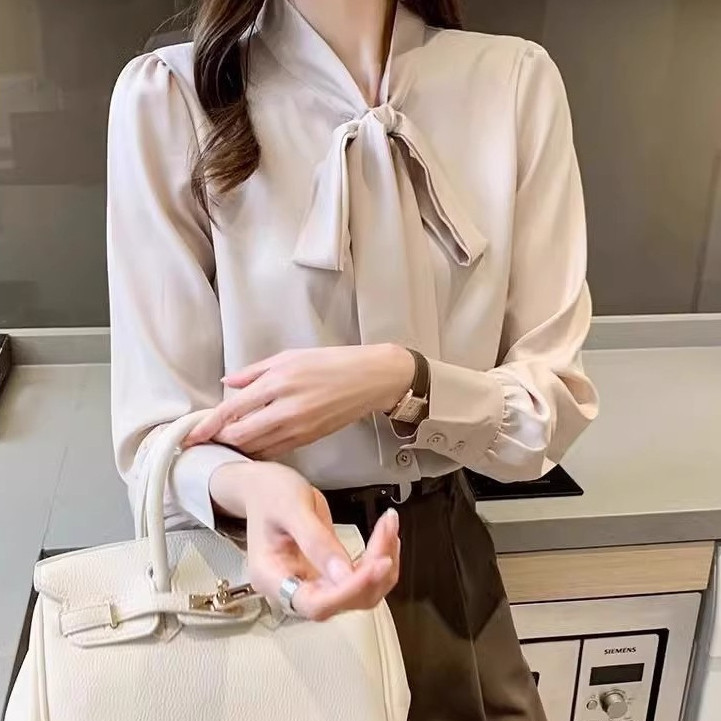 เสื้อเชิ้ตแขนยาวสำหรับผู้หญิงตัวนี้ตกแต่งด้วยริบบิ้นผูกและโบว์ในดีไซน์สีพื้น เหมาะสำหรับใส่ไปทำงาน#99248 ราคา ถูกที่สุด ดีลบีเคเค แกลเลอรีภาพที่ 6