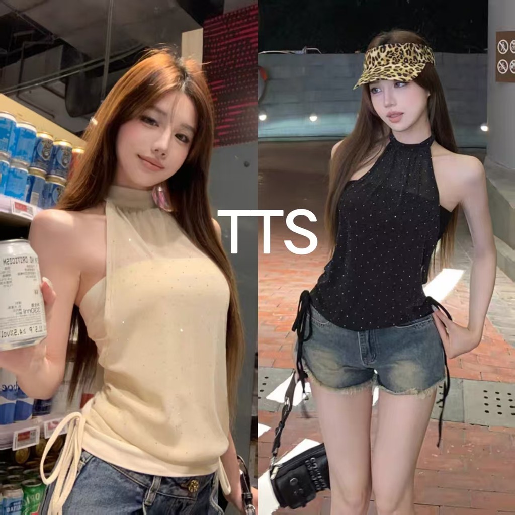 TTS 🔥 เสื้อกั๊กผ้าตาข่ายปะติดปะต่อคอเชือกแขวนคอสไตล์เกาหลีสำหรับผู้หญิง สไตล์ฤดูร้อนใหม่ ทรงเข้ารูปแ