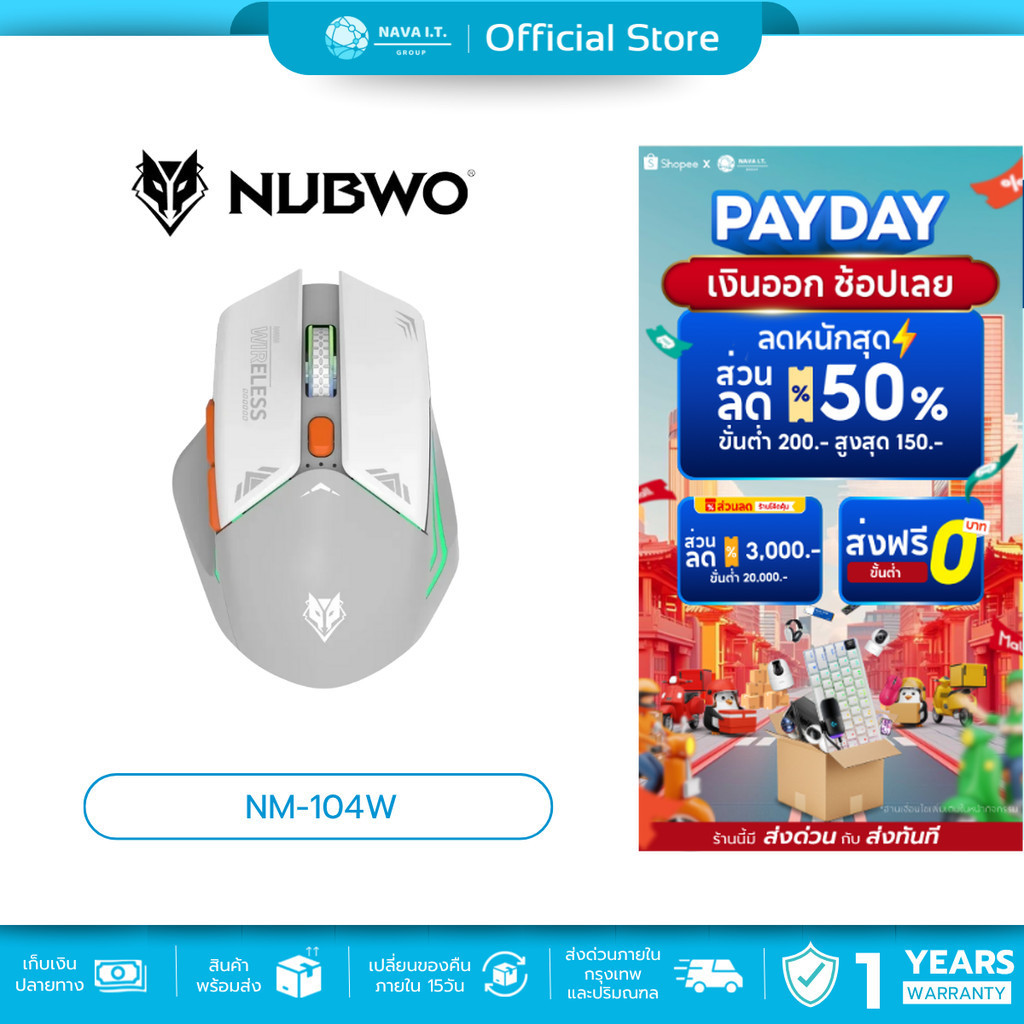 🛵มีส่งด่วน💨 NUBWO NM-104W GRAY WIRELESS & BLUETOOTH GAMING MOUSE มีไฟLED เมาส์ไร้สาย รับประกัน 1ปี