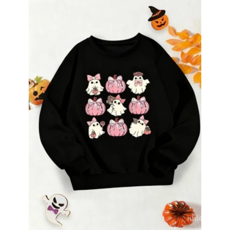 Girls (4-12 Yrs) เสื้อสเวตเตอร์แขนยาว คอว่าว พิมพ์ลายผีและฟักทองน่ารัก ใส่ได้ตลอดทั้งวัน