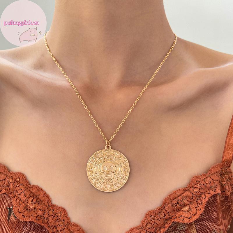 Pufangpink Pirates Of The Caribbean Aztec สร้อยคอเหรียญทอง Retro Skull จี้ Punk Hip Hop สร้อยคอ VN