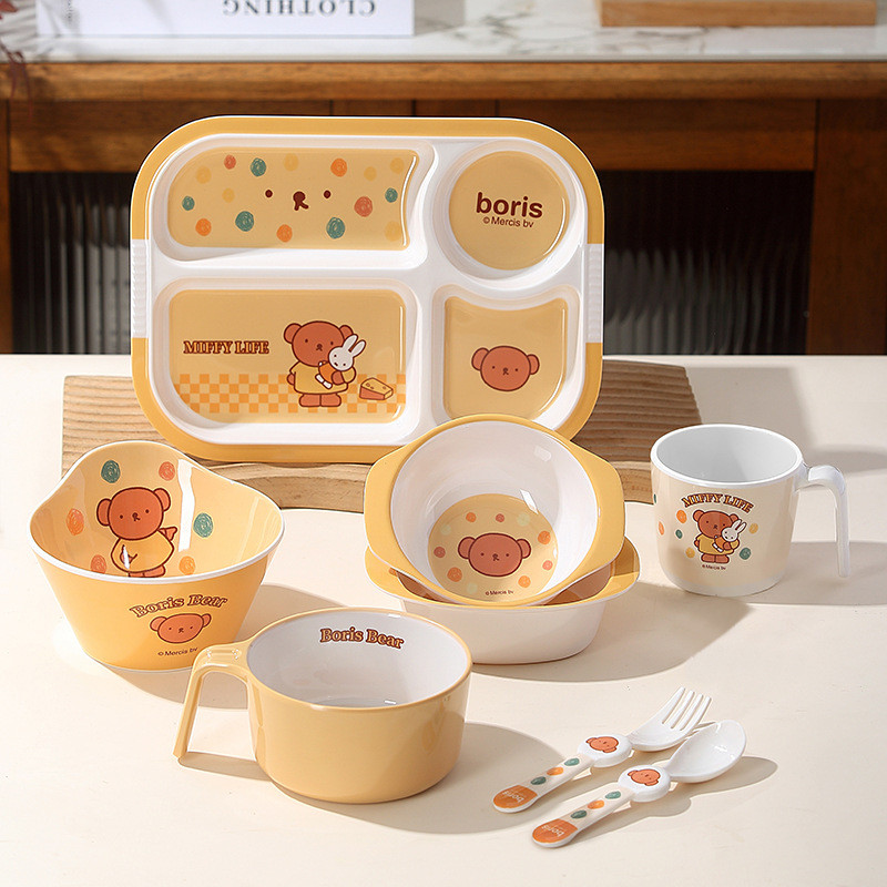 Miffy Miffy ช่องจานอาหารค่ําสําหรับเด็กเสริมชามอาหารช้อนส้อมบนโต๊ะอาหารการ์ตูนเมลามีน Anti-scalding 