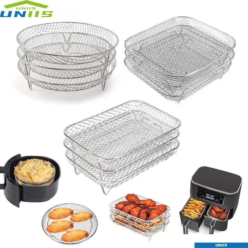 UNIIS ตะแกรงย่าง, ตะแกรงทอดอากาศวางซ้อนกันได้ไม่ติด, สแตนเลสทนทาน Airfryer ถาด แกดเจ็ตในครัว
