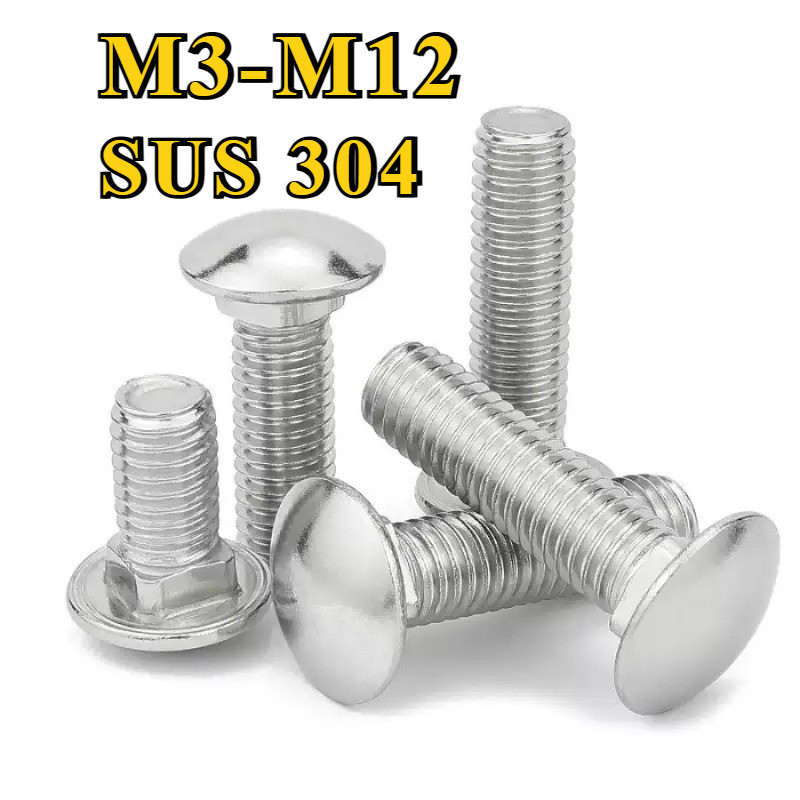 น๊อตรถม้าสแตนเลส 304 สกรูชั้นวาง สกรูหัวกลม น็อตชั้นวางคอเหลี่ยม หัวแบน M3/M4/M5/M6/M8/M10/M12 L8-10