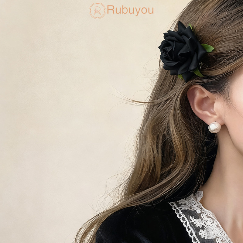 Rubuyou เข็มกลัด สีดำ ดอกกุหลาบ แฟชั่น ย้อนยุค กิ๊บดอกไม้ อเนกประสงค์ สำหรับผู้หญิง-COD