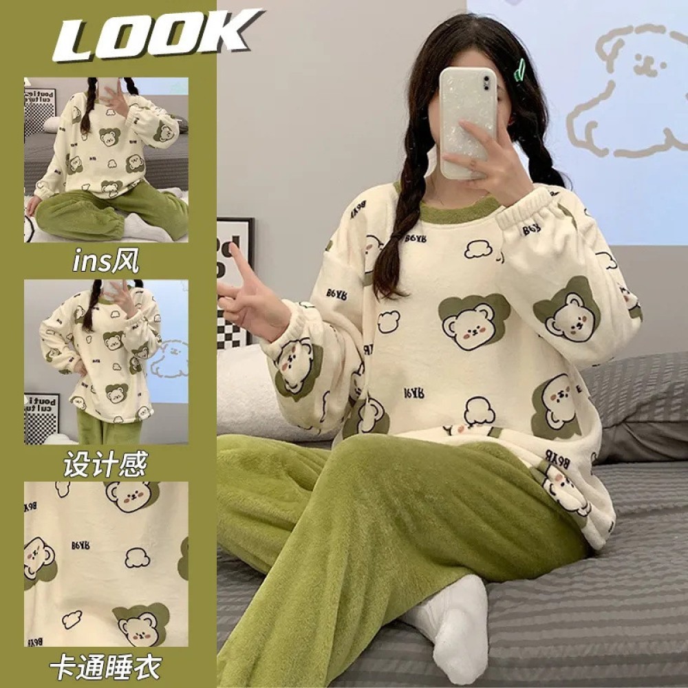 ชุดนอนผู้หญิงฤดูใบไม้ร่วงและฤดูหนาวผ้าคอรัลฟลีซน่ารักหวานหนาพิเศษบุขนกำมะหยี่ชุดบริการที่บ้านนักเรีย