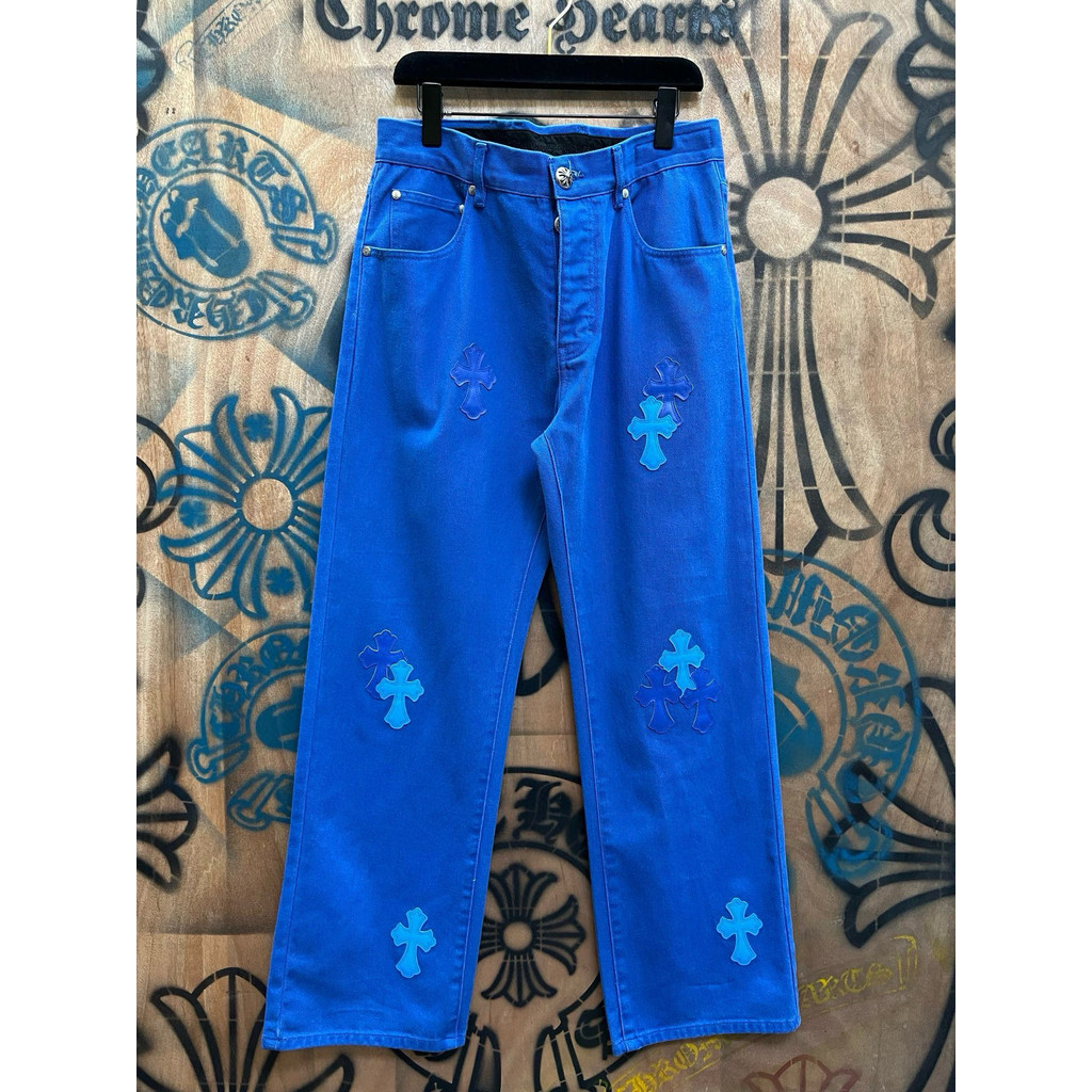 O9IG Chrome Hearts Cross Patchwork Sanskrit Straight Washed Jeans for Men and Women