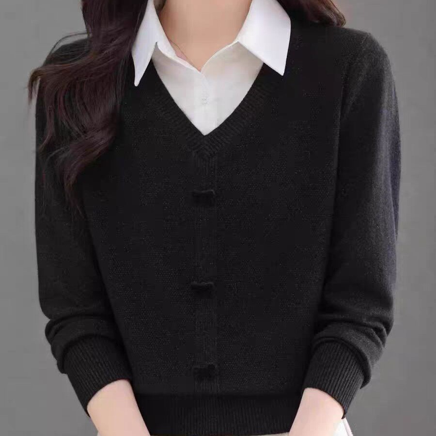 เสื้อยืดถักแขนยาวผู้หญิงเสื้อกันหนาวหลวมปลอมสองชิ้นเสื้อคอเกาหลีสําหรับการเดินทางที่เรียบง่ายเสื้อท็อป - รูปที่ 3