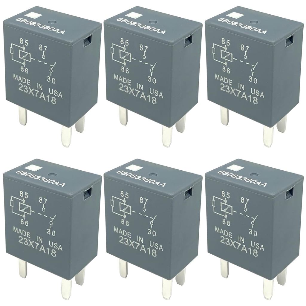 6-Pack 68083380AA Relay 12VDC 35A 4-Pin SPST Automotive Relay - Compatible with Select Dodge, Jeep, 