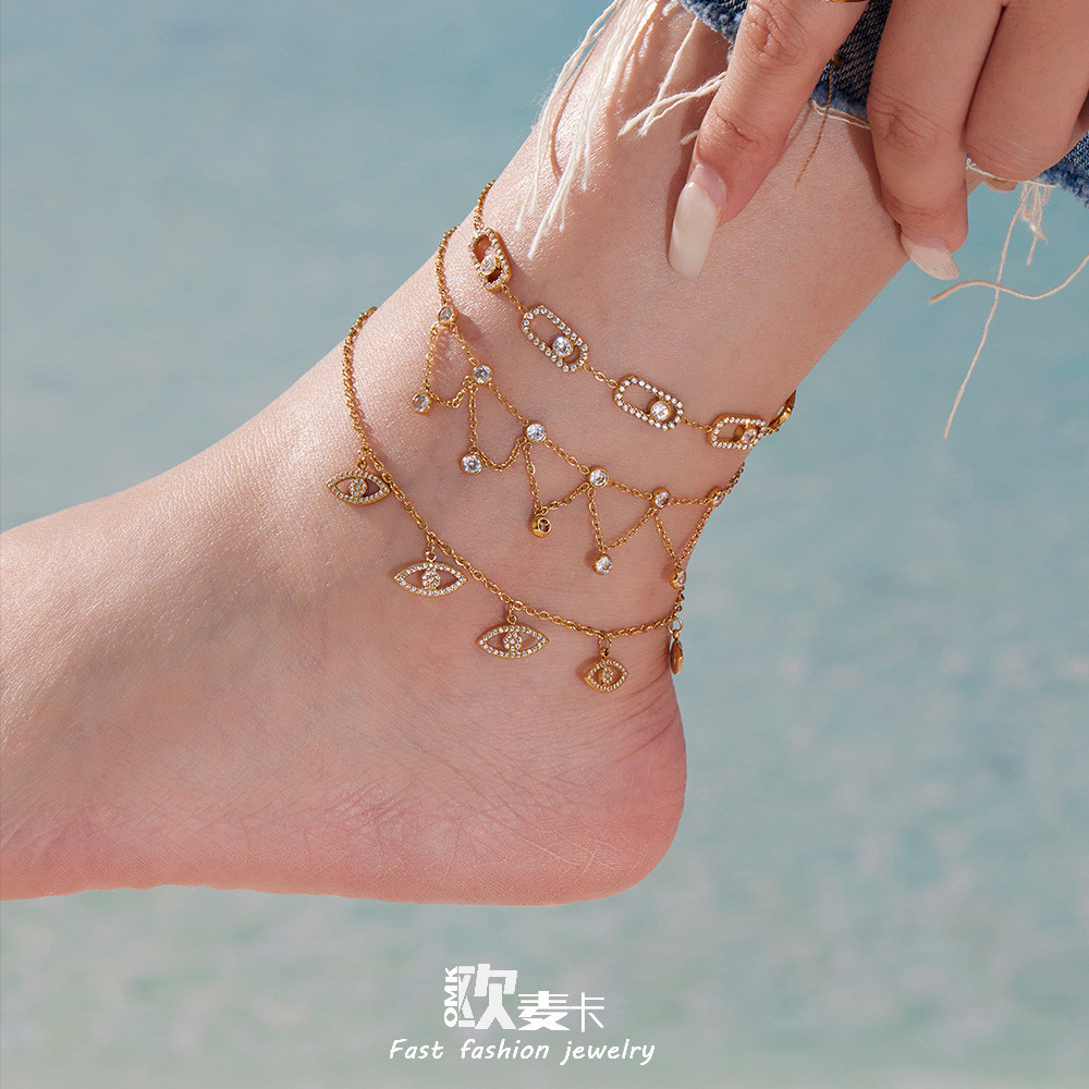 Omaka ins Niche Chain พู่เพทายสร้อยข้อเท้ายุโรปอเมริกันผลิตภัณฑ์ใหม่เครื่องประดับโซ่สแตนเลสสองชั้น