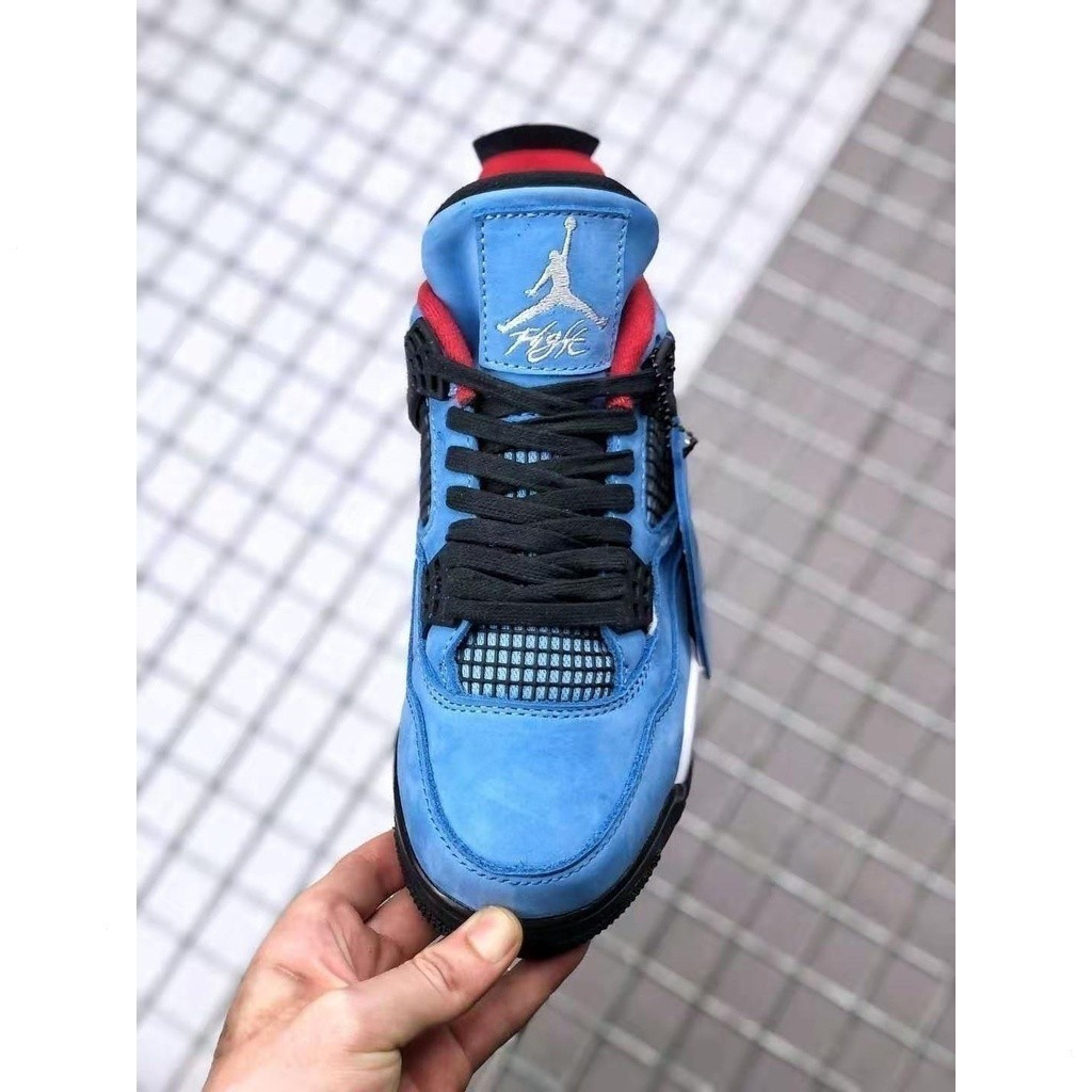 有 คลังสินค้าพร้อม AJ4 Travis Scott Cactus Jack X Jordan 4 Retro High-Top รองเท้าบาสเก็ตบอลสีน้ําเงิน