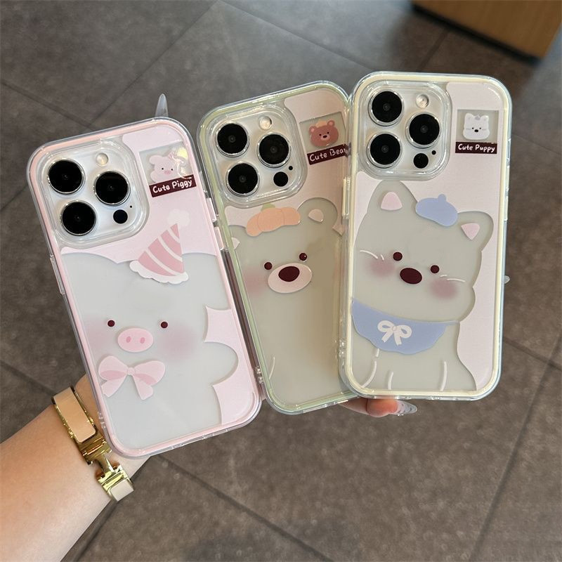 เคสไอโฟน13 โบว์หมูน่ารักโปร่งใส 2 in 1 นุ่มสำหรับ For IPhone 11 13 17 16 15 14 12 Pro Max 17 16 15 Plus 16 15 Pro X XR