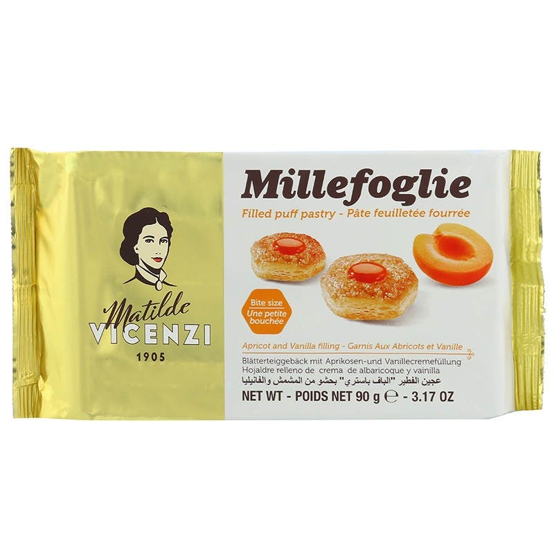 วิเชนซีพัฟฟ์หน้าแยมแอปริคอทกลิ่นวานิลลา 90กรัม Vicenzi Millefoglie Filled Puff Pastry Apricot and Va